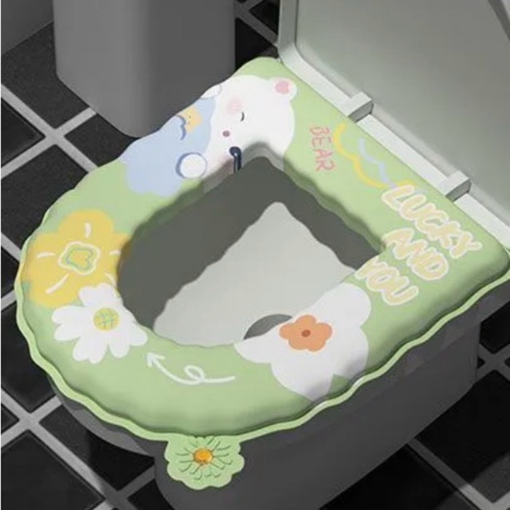 Cute Green Toilet Seat Cover with white bear and flowers